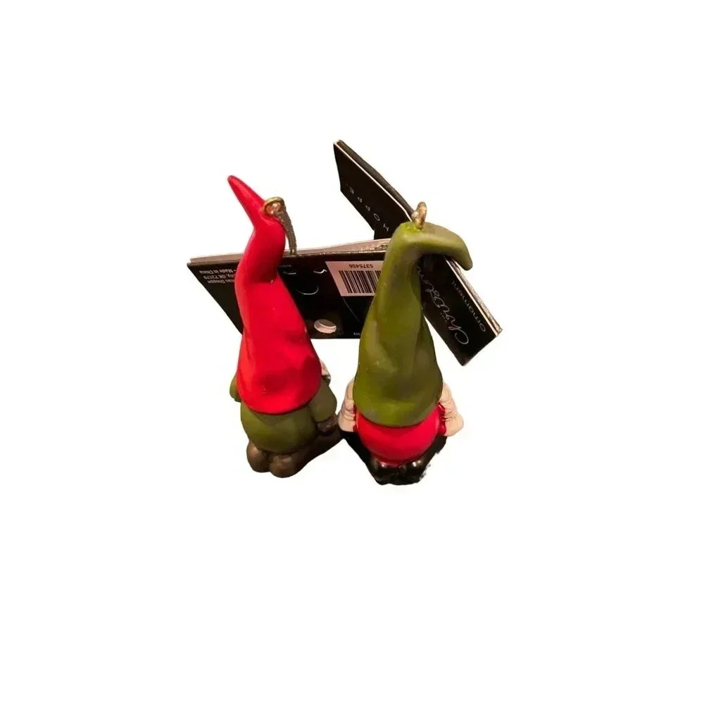 Gnome Christmas Holiday Ornaments Red Green Hats NEW Set Of 2 Rustic‎ Festive